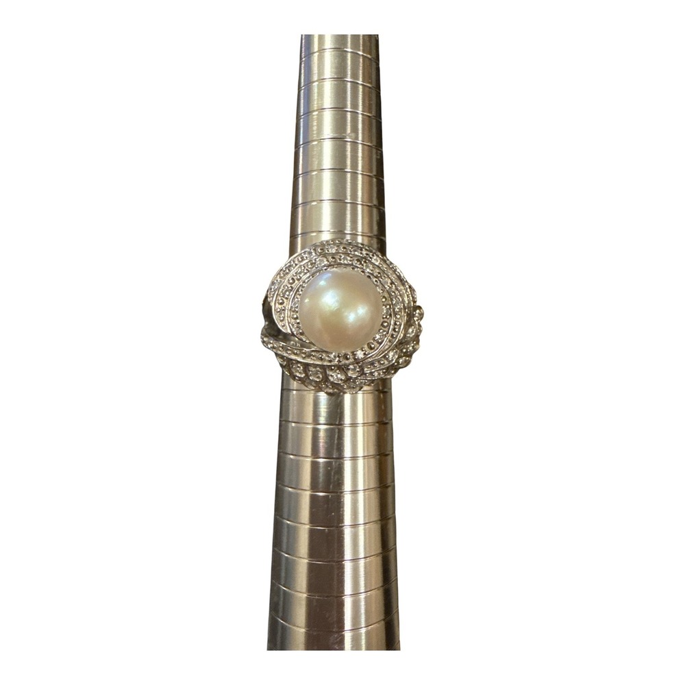 CGI Pearl Cocktail Ring Womens Size 8 Silver  CZ Swirl Statement 925